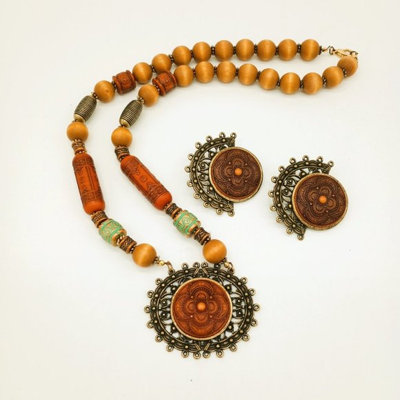 Lady Remington Vtg Necklace and Earring Set 26” Boho Wooden Beaded Jewelry - Picture 1 of 9